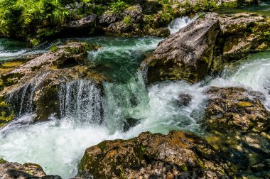 Slovenya 'nın Mostnica vadisindeki Mostnica nehrindeki kayalık akıntıların yaz mevsiminde manzarası