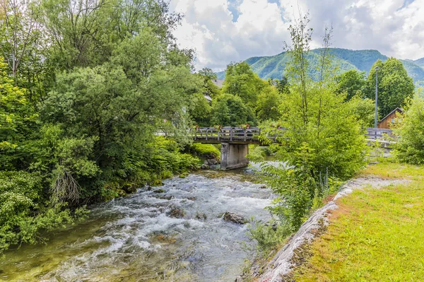 沿着Mostnica河向下俯瞰斯洛文尼亚Bohinj湖上方的高山村庄Stara Fuzina的一座桥 — 图库照片