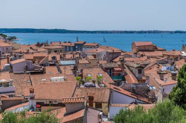 Slovenya 'nın başkenti Piran' ın üzerindeki katedralden Trieste Körfezi 'ne doğru uzanan çatıların manzarası