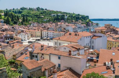 Slovenya 'nın başkenti Piran' ın üzerindeki katedralden, Merkez Meydanı 'na doğru uzanan çatıların ve limanın manzarası