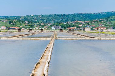 Slovenya 'nın başkenti Piran yakınlarındaki Secovlje' deki tuz tavalarında kristalleşme havuzlarının ötesine bakan manzara