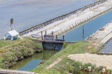 Slovenya 'nın başkenti Piran yakınlarındaki Secovlje' deki tuz tavalarında kristalizasyon havuzlarını besleyen lağım kapılarına doğru bir manzara