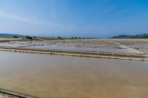 A view across the concentration pools at the salt pans at Secovlje, near to Piran, Slovenia in summertime
