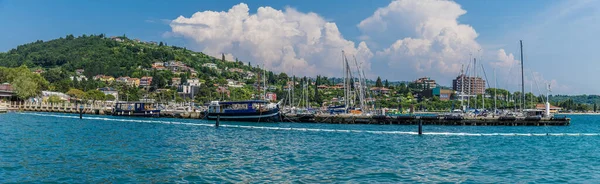 Panorama View Boats Moored Harbour Wall Portoroz Slovenia Summertime — Stock Photo, Image