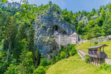 Slovenya 'nın Predjama kentinde yaz mevsiminde uçurumun kenarına kurulmuş kırsal ve ortaçağ kalesi manzarası