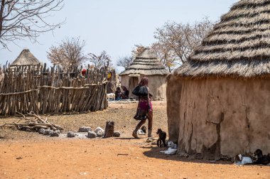 Kurak mevsimde Namibya 'daki geleneksel Himba kabilesi köyünün manzarası.