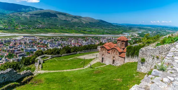 stock image A panorama view past Saint Theodores Church in the castle above the city of Berat, Albania in summertime