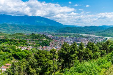 Arnavutluk 'un Berat kentinin üzerindeki şatonun ağaçlık yamaçlarından yaz mevsiminde hava manzarası