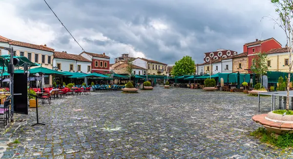 stock image A panorama view across a square in Korca, Albania in summertime