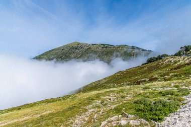 Arnavutluk 'un Llogara Ulusal Parkı' nda yaz mevsiminde yola yaklaşan bir sis manzarası