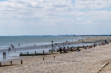 Yaz mevsiminde Pagham, Sussex sahilindeki dalgakıranların ötesinde bir manzara.