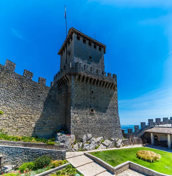 stock image A view looking up towards the first tower in the fortified section of San Marino, Italy in summertime