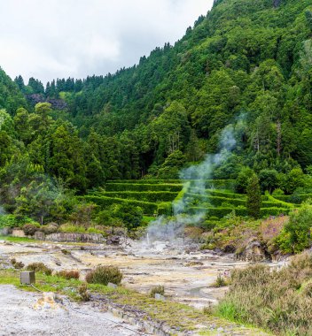 Yazın Azores 'deki San Miguel adasında Furnas Gölü' nün yanındaki fümerollerin manzarası