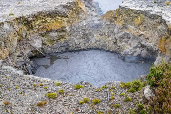 Yazın Azores 'deki San Miguel adasında Furnas Gölü' nün yanında çamurla dolu bir fümerol manzarası.