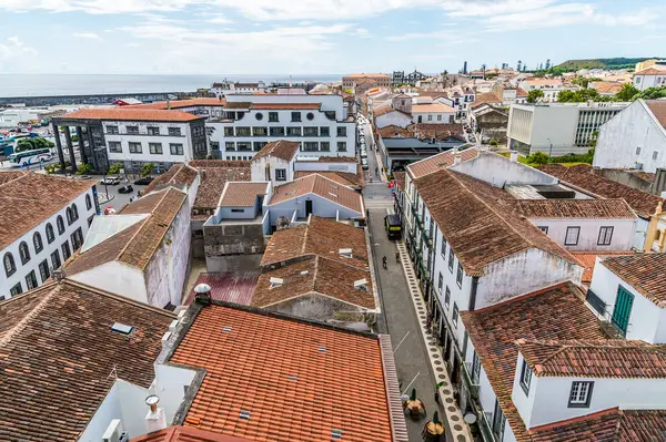 Ponta Delgada 'nın batısındaki Azores' deki Sao Miguel adasının çatılarından bir manzara.