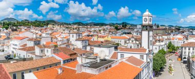 Yazın Azores 'de Sao Miguel adasındaki Ponta Delgada' nın çatılarının kuzeydoğu manzarası.