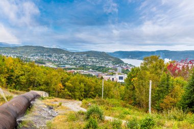 Sonbaharda Kanada 'nın Newfoundland kentinde Brook' un yukarısındaki ahşap bir su borusunun yanında bir manzara.