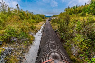 Newfoundland, Kanada 'da, sonbaharda Corner Brook' un üzerindeki tahta dallı su borusunun uzunluğu boyunca bir manzara.