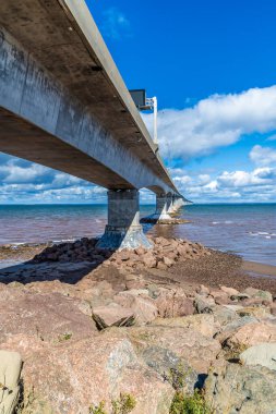 A view under the southern end of the Confederation bridge, Prince Edward Island, Canada in the fall clipart