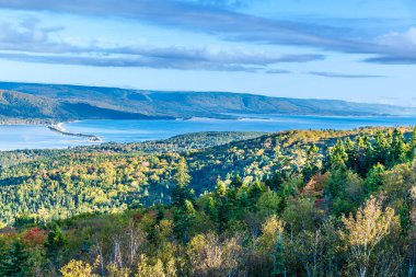 Sonbaharda Kanada, Nova Scotia 'da bulunan Cabot Trail' deki İngiliz Feribotu 'na doğru uzanan ormanların manzarası.