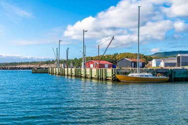 Sonbaharda Kanada, Nova Scotia 'daki Cabot Patikası' ndaki Little River Limanı 'ndaki liman duvarı boyunca bir manzara