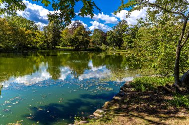 Sonbaharda Halifax, Nova Scotia, Kanada 'daki Halifax Halk Bahçeleri' nde bir göl manzarası