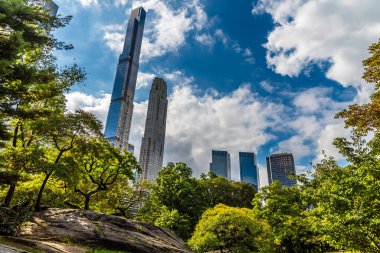Sonbaharda Manhattan, New York 'taki Central Park' ın alt ucundaki ağaçların üzerinde yükselen gökdelenlerin manzarası
