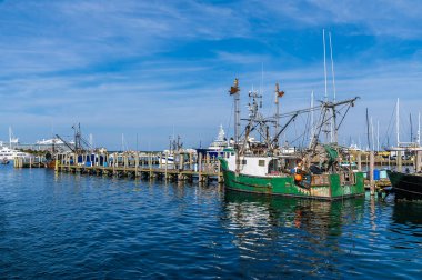 A view of boats moored on the dock in the harbor at Newport, USA in the fall clipart