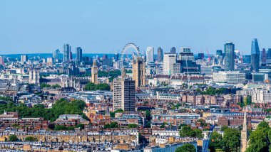 An aerial view from the roof of Battersea power station towards Westminster,  London, UK in summertime clipart