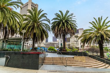 Güney batı köşesinden, sabahın erken saatlerinde San Francisco 'da Union Meydanı' nın karşısından bir manzara.