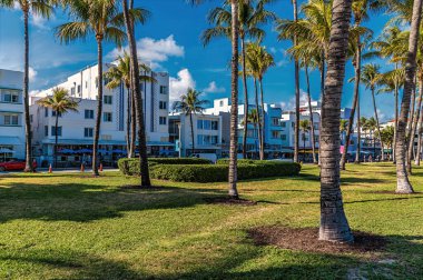 Kuzeydeki Lummus Park 'ın gölgesinden Ocean Drive' daki sanat deco binalarına doğru bahar zamanı Miami 'de bir manzara.