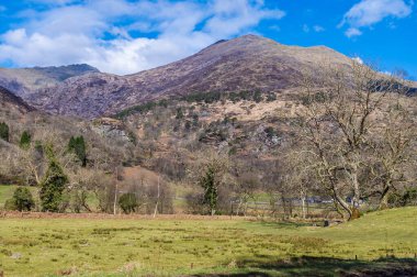 Bahar zamanı Galler 'in Beddgelert kentindeki Snowdonia eteklerindeki kayalık yamaçlara doğru bir manzara.