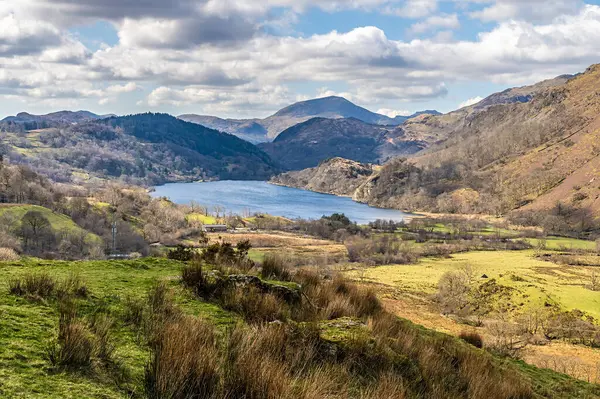 İlkbaharda Galler, Snowdonia 'daki Gwynant Gölü' ne doğru bir bakış açısı.