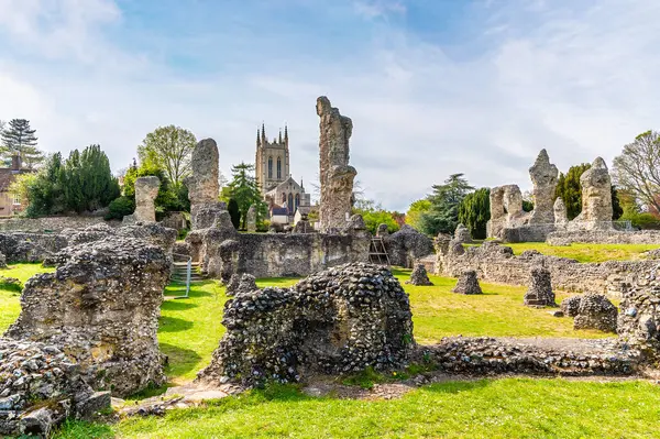 Baharın aydınlık bir gününde, Bury Saint Edmunds 'daki Abbey Gardens' taki Abbey harabelerinin karşısından bir manzara.