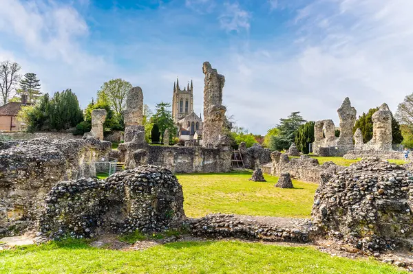 Baharın aydınlık bir gününde Manastır harabeleri ve Bury Saint Edmunds katedrali manzarası