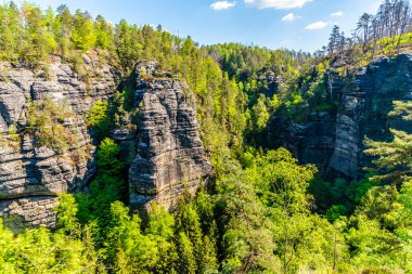İlkbaharda Pravcicka Kapısı 'nın etrafındaki kumtaşı heykellerinin manzarası