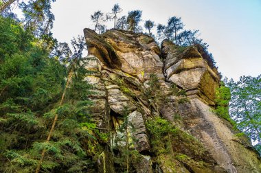 İlkbaharda Çek İsviçre 'deki Kamenice nehrinin kaya yapılarına bakan bir teknenin manzarası.