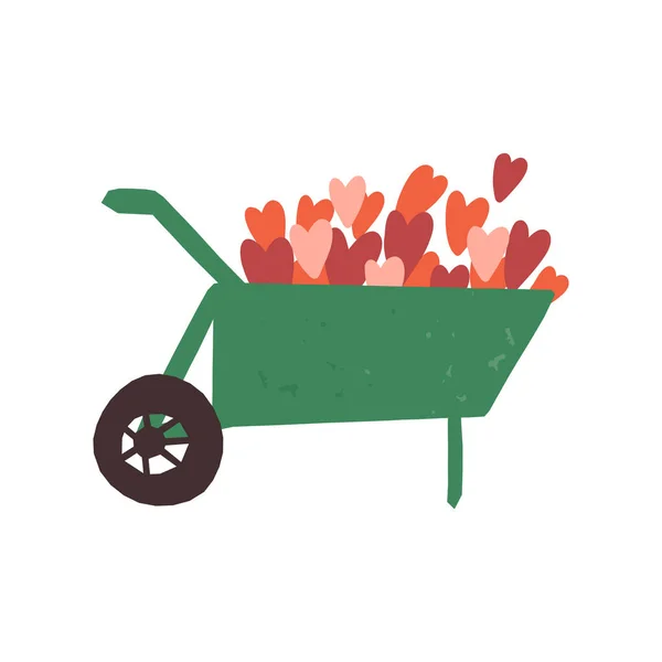 Lovely Garden Barrow Farm Wheelbarrow Full Hearts Love Symbol Romantic — Stock Vector