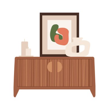Çerçevelenmiş soyut sanat eserleri, mumlar ve modaya uygun asimetrik çiçek vazosu olan bir dolap. Dekorlu retro çekmece sandığı. İkinci el mobilya, geri dönüşüm konsepti. Vektör izole illüstrasyonu.