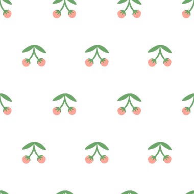 50 'li, 60' lı, 70 'li yılların titreşimli, kiraz rengi, kiraz rengi, dikişsiz desenli şirin bir model. Vintage fon. Duvar kağıdı, ambalaj kağıdı, tekstil, kumaş baskısı ve diğer tasarım için vektör illüstrasyonu.