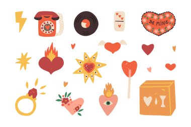 Aziz Sevgililer Günü retro klipsi seti. Süslü kalpler, ateş ve çiçekler, kanatlar, çikolata kutusu veya yastık, nişan yüzüğü, lolipop kalp, kırılgan paket hediyesi, vinil kayıt, aşk telefonu.
