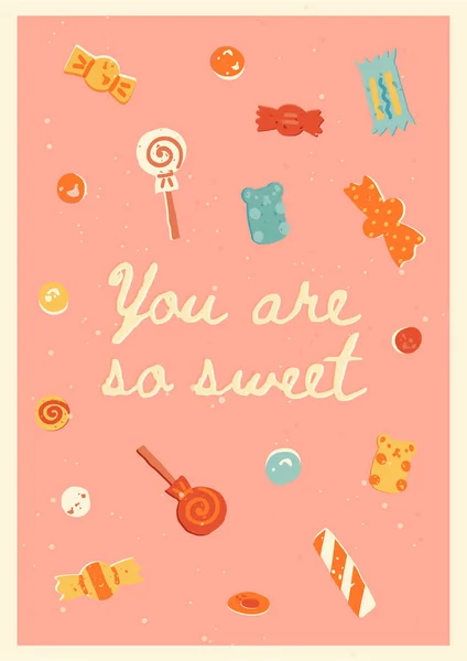 Cute Sweets Set Retro Postcard Banner Poster Design Various Candies Vettoriale Stock