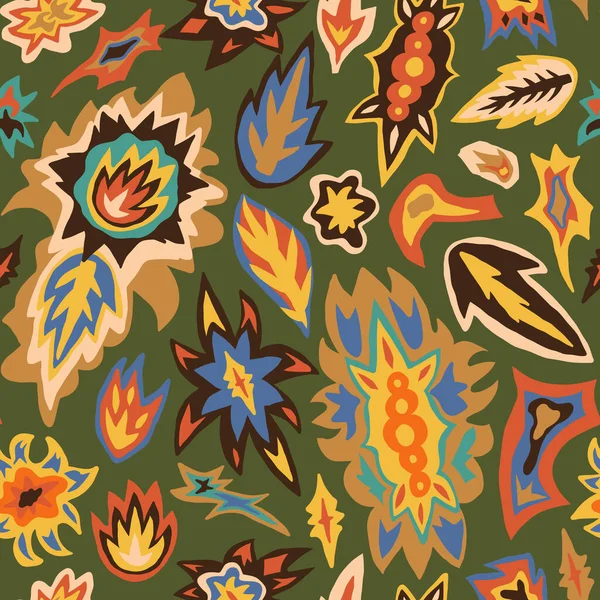 嬉皮士无缝模式与70年代的复古氛围 摘要彩色部落斑点重复 地毯风格斑斑 装饰染色矢量背景纺织品 包装纸 — 图库矢量图片