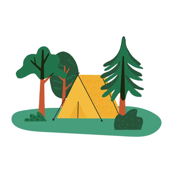Lindo Paisaje Camping Recreación Naturaleza Elementos Establecidos Tienda Amarilla Turística — Vector de stock