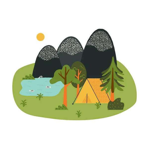 Lindo Paisaje Camping Con Lago Montaña Recreación Naturaleza Elementos Establecidos — Vector de stock