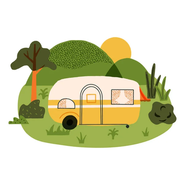 Cute camping, nature recreation, outdoor vacation scenery with a mobile camp with retro vibes, hills, trees, and sun. Car camper, 60s road home trailer, vector camping caravan car. Adventure symbol.