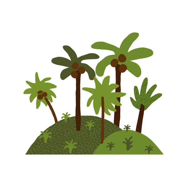 Niedliche Unbewohnte Tropische Insel Ikone Verschiedene Lustige Exotische Kokospalmen Entdecken — Stockvektor
