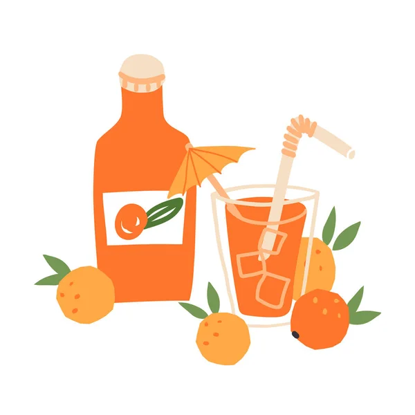 Sinaasappellimonade Frisdrankfles Met Een Glas Vers Sinaasappelfruit Buurt Verfrissende Koude — Stockvector
