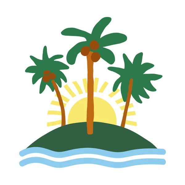 Ícone Ilha Tropical Desabitado Bonito Vários Coqueiros Exóticos Engraçados Sol — Vetor de Stock