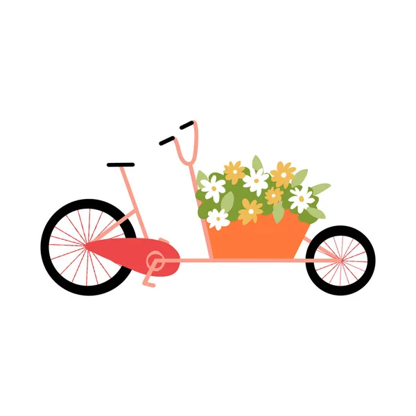 Милый Голландский Грузовой Цикл Розовый Bakfiets Велосипед Контейнером Полным Цветов — стоковый вектор
